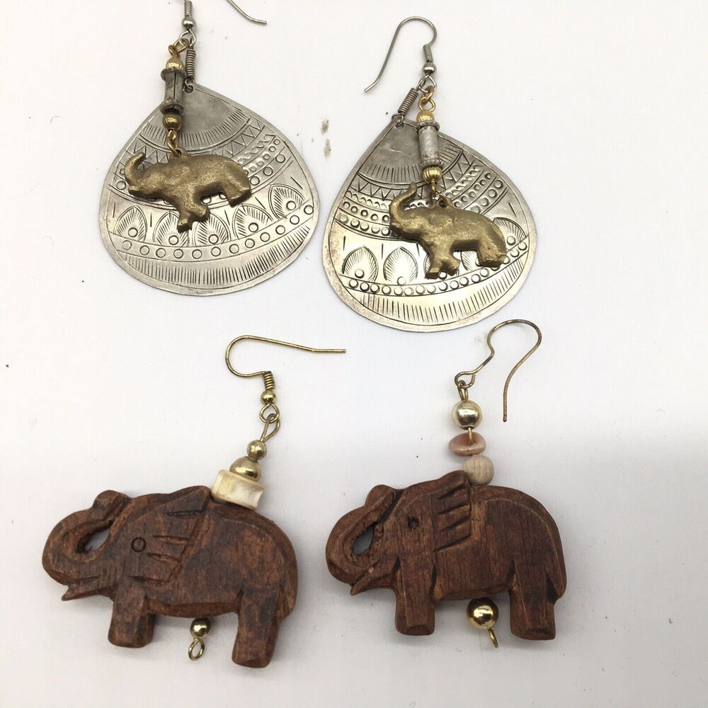 2 Pair Elephant Dangle Earrings Safari Boho Tribal Wooden Silver And Gold Tone